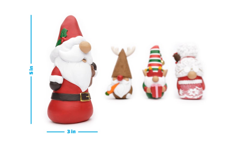 May include: A collection of Christmas gnome figurines. The Santa gnome is 5 inches tall and 3 inches wide. Other gnomes include a reindeer, an elf holding a gift, and a gnome with a white beard and red and white outfit.