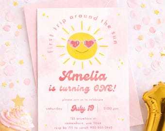 First Trip Around the Sun Birthday Invitation Template | Editable Canva First Birthday Invite Girl | Pink Sunshine 1st Birthday Party Invite