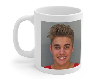 Justin Bieber Mugshot Coffee Mug, Funny Holiday Gag Gift