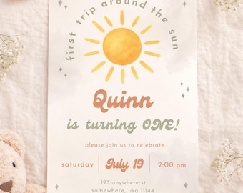 First Trip Around the Sun Birthday Invitation Template | Editable Canva First Birthday Invite Boy Girl | Sunshine 1st Birthday Party Invite