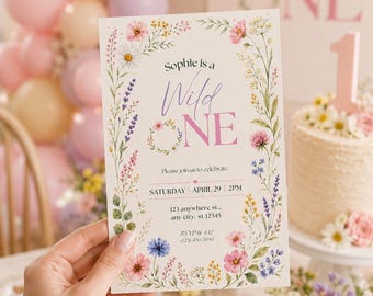 Wild One Birthday Invitation Template 5x7 and 9x16 | Editable Canva First Birthday Invite Girl | Wildflower 1st Birthday Invite