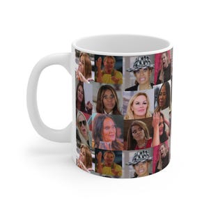 May include: White ceramic coffee mug featuring a collage of various women making surprised or shocked facial expressions. The mug has a white handle and a glossy finish, suitable for hot or cold beverages.