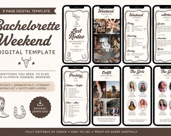 Last Rodeo Bachelorette Template, Cowgirl Bachelorette Itinerary, Canva Weekend Guide, Airbnb, Packing List, Phone Template