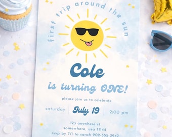 First Trip Around the Sun Birthday Invitation Template | Editable Canva First Birthday Invite Boy | Blue Sunshine 1st Birthday Party Invite