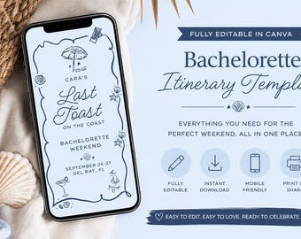 Last Toast on the Coast Bachelorette Template, Beach Bachelorette Itinerary, Canva Weekend Guide, Airbnb, Packing List, Phone Template