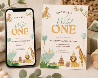 Wild One Birthday Invitation Template 5x7 and 9x16 | Editable FREE Canva First Birthday Invite Boy Girl | Safari Animal 1st Birthday Invite