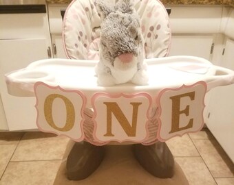 Highchair One Banner, 1st Birthday Banner, Girl Banner, First Birthday Banner, Gold and pink Highchair Banner, Glitter