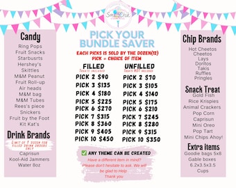May include: A pink and white printable sign with a pink banner at the top that says "Pick Your Bundle Saver". The sign lists different candy, chip, and snack options with prices for filled and unfilled treat bags. The sign also includes a section for drink brands and extra items.