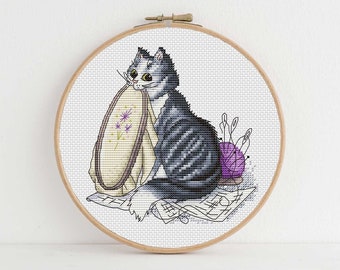 Cat Cross Stitch Pattern Animal Hand embroidery hoop Art PDF Instant Download Needlework