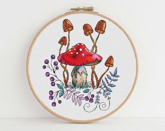 Paddestoelen kruissteekpatroon herfst amanita bladeren vliegenzwam bos borduurwerk DMC pdf