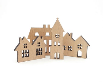 Set of 4 Mini Wooden Houses Shape, Unfinished Wood Mini House for Decoration, House for Tiered Tray Decor, Tiered Tray Supplies, House Craft