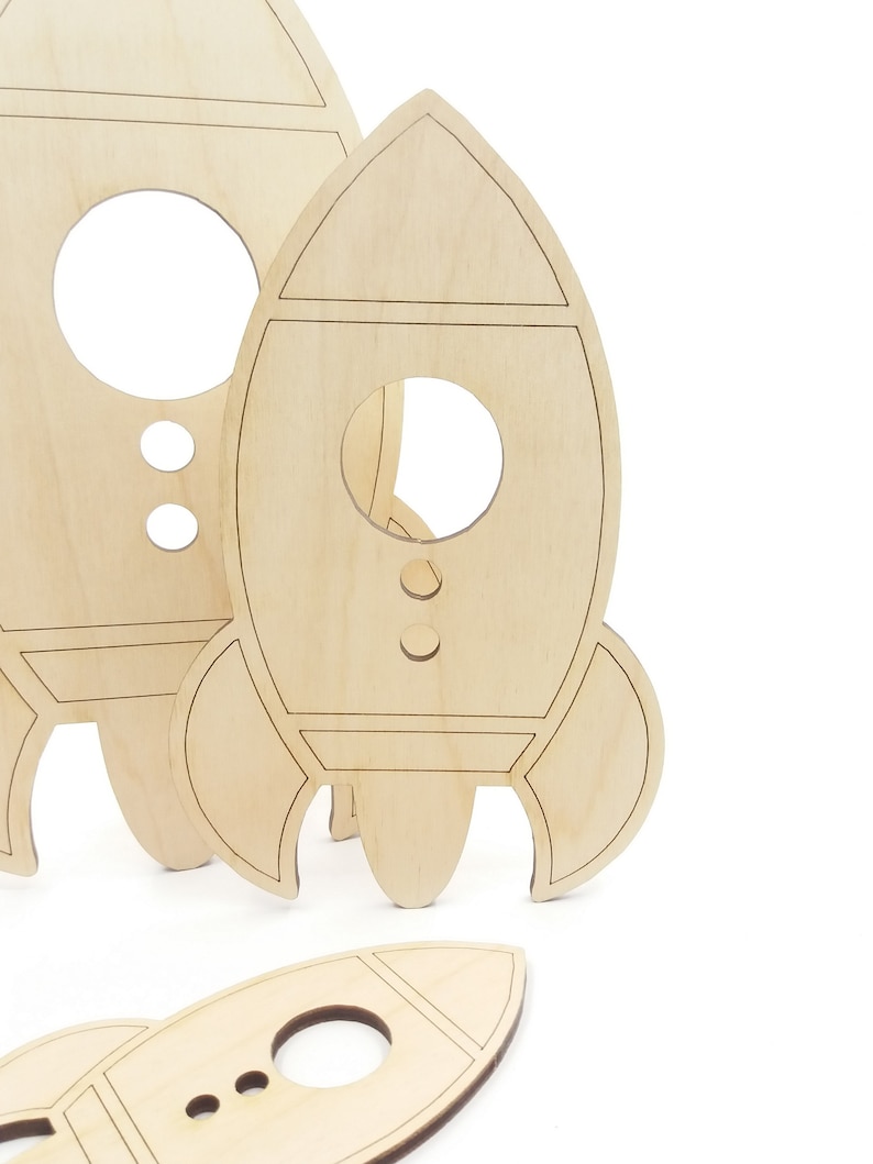 Wood Rocket Shape Size Options, Spaceship Shape Laser Cut, Rocket Wall Art, Space Theme Party Decor, Unfinished Blank Wood Shapes image 4