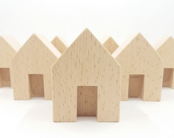 2 Unfinished Wooden Block Houses, Wood House Shape, Wood Block House, Decorative Houses, Wooden Village, Little Houses, Kids Room Decor