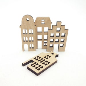 Houten minihuizen, set van 4 houten huisvormen, onvoltooide houten huisuitsparing, doe-het-zelfhuis leeg, doe-het-zelfhuisdecoratie, houtbewerkingsbenodigdheden