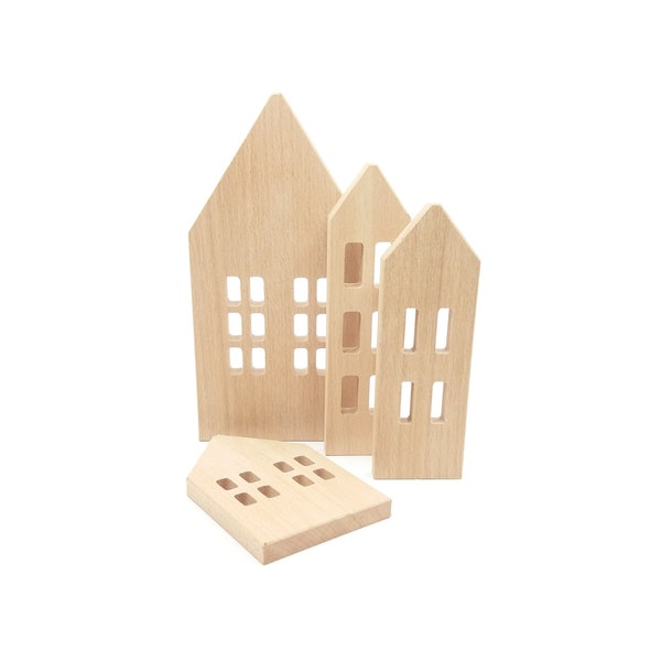 4 Wood House for Decoration, Wooden House Shaped, Wood Shelf Sitter, Hygge Decor, Small House Ornament, Ideal Decor as a Gift to Move In