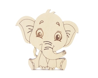 May include: A wooden cutout of a cartoon elephant with large eyes and a trunk. The elephant is sitting with its legs crossed and its trunk curled up.