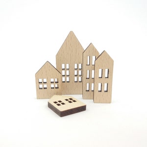 Houten minihuizen, set van 5 onafgewerkte houten huizen, mini decoratief hout huis, bureaudecoratie huis lege vorm, doe-het-zelfdecoraties