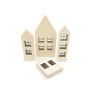 Set of 4 Mini Wooden Houses, Unfinished Wood Mini Decorative House, Small Natural Crafts, House Blank Shape Desk Decor, DIY Houses