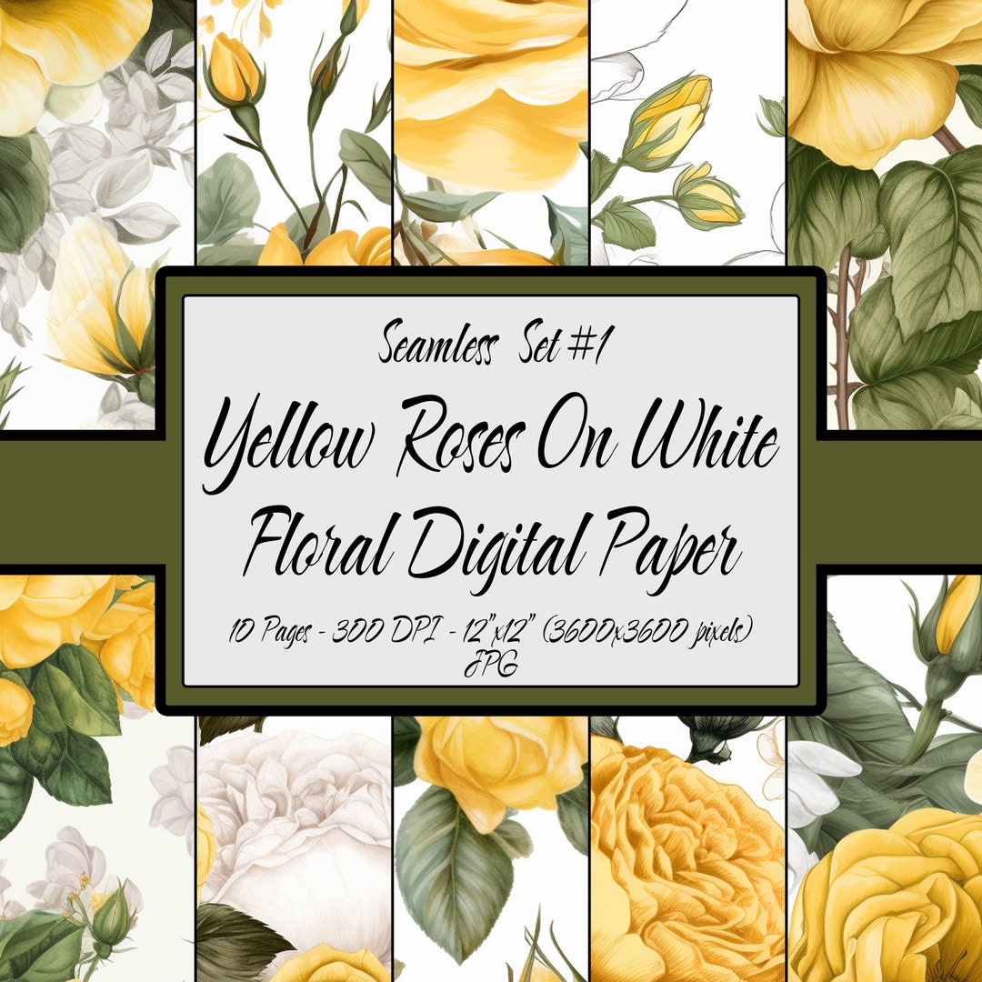 Digital Paper Seamless Pattern Bundle Pack, Yellow Roses Print, 10 Page ...