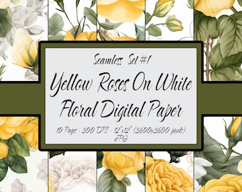 Digital Paper Seamless Pattern Bundle Pack, Yellow Roses Print, 10 Page Set, Commercial Use, Scrapbook Paper, JPG Digital Download