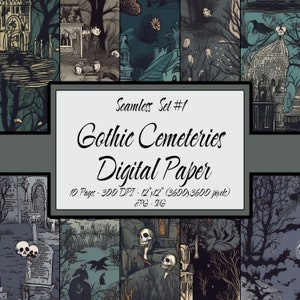 May include: A digital paper pack with 10 seamless patterns featuring gothic cemeteries, skeletons, and spooky trees. The patterns are 12 inches by 12 inches and 300 DPI. Seamless Set #1 Gothic Cemeteries Digital Paper 10 Pages - 300 DPI - 12"x12" (3600x3600 pixels) JPG - SUG