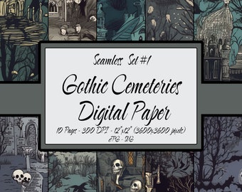 Digital Paper Seamless, Gothic Cemeteries, 10 Print Set Commercial Use, Goth Art Pack, Seamless Patterns, Scrapbook Background, JPG and SVG