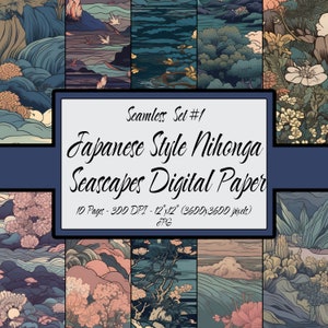 May include: A set of 10 digital papers featuring Japanese-style seascapes and floral designs. The papers are seamless and come in a 12"x12" size at 300 DPI. The text "Seamless Set #1 Japanese Style Nihonga Seascapes Digital Paper 10 Pages - 300 DPI - 12"x12" (3600x3600 pixels) JPG" is included in the image.
