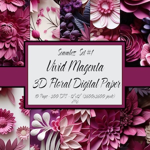 Floral Digital Paper Seamless Repeating Patterns Bundle, Commercial Use Prints, Vivid Magenta 3d Flowers #01, Scrapbook Background, JPG