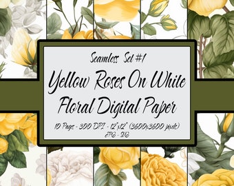 Digital Paper Seamless Pattern Bundle Pack, Yellow Roses Print, 10 Page Set, Commercial Use, Scrapbook Paper, JPG and SVG Digital Download