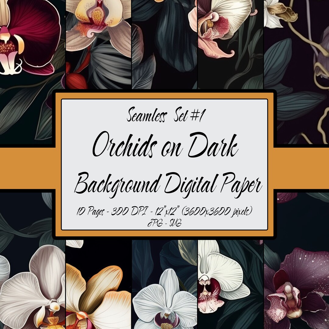 Floral Digital Paper Seamless Pattern Pack, Orchids Dark Background ...