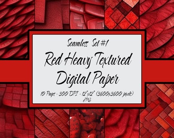 Red Heavy Texture Digital Paper Seamless Pattern Bundle Set #01, 10 Textured Background Prints, Commercial Use, JPG Instant Download