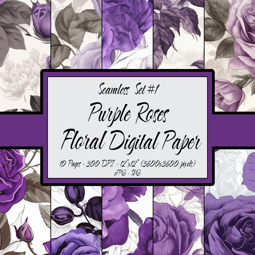Floral Digital Paper Seamless Pattern Pack, Purple Roses Flowers Print ...