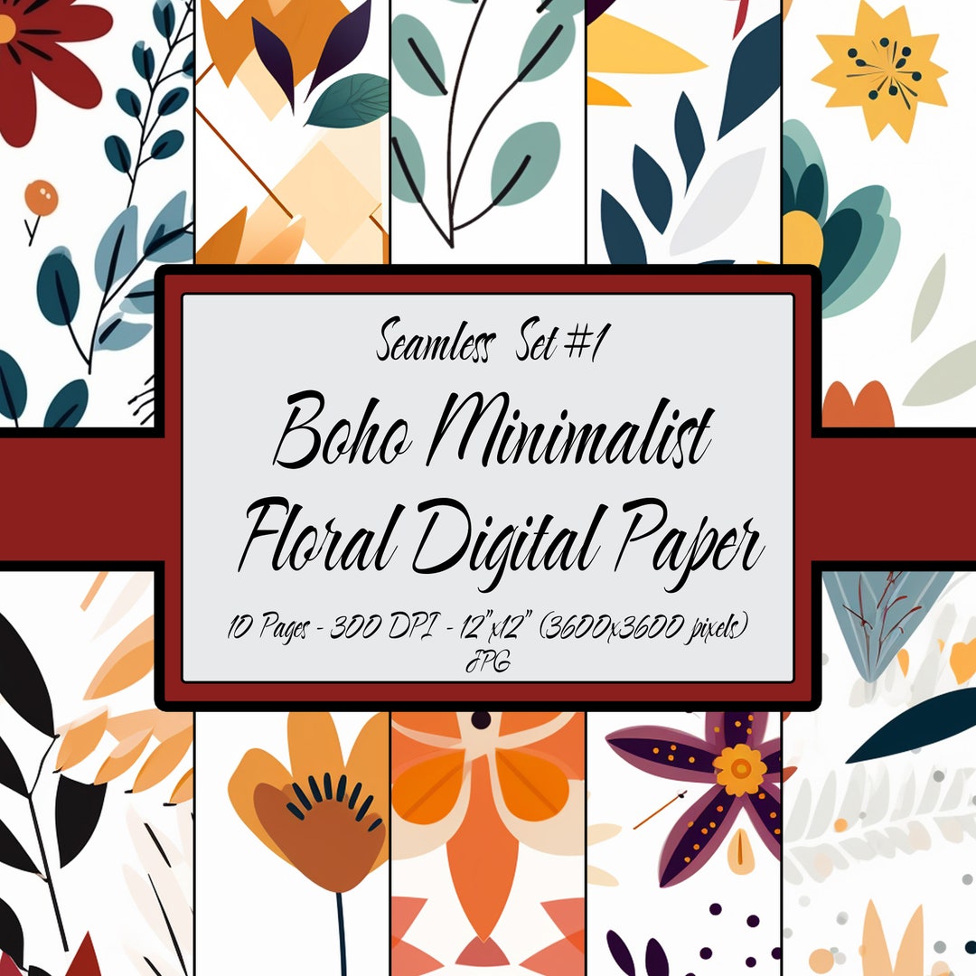 Digital Paper Seamless Pattern Pack, Boho Minimalist Floral Bundle Set ...