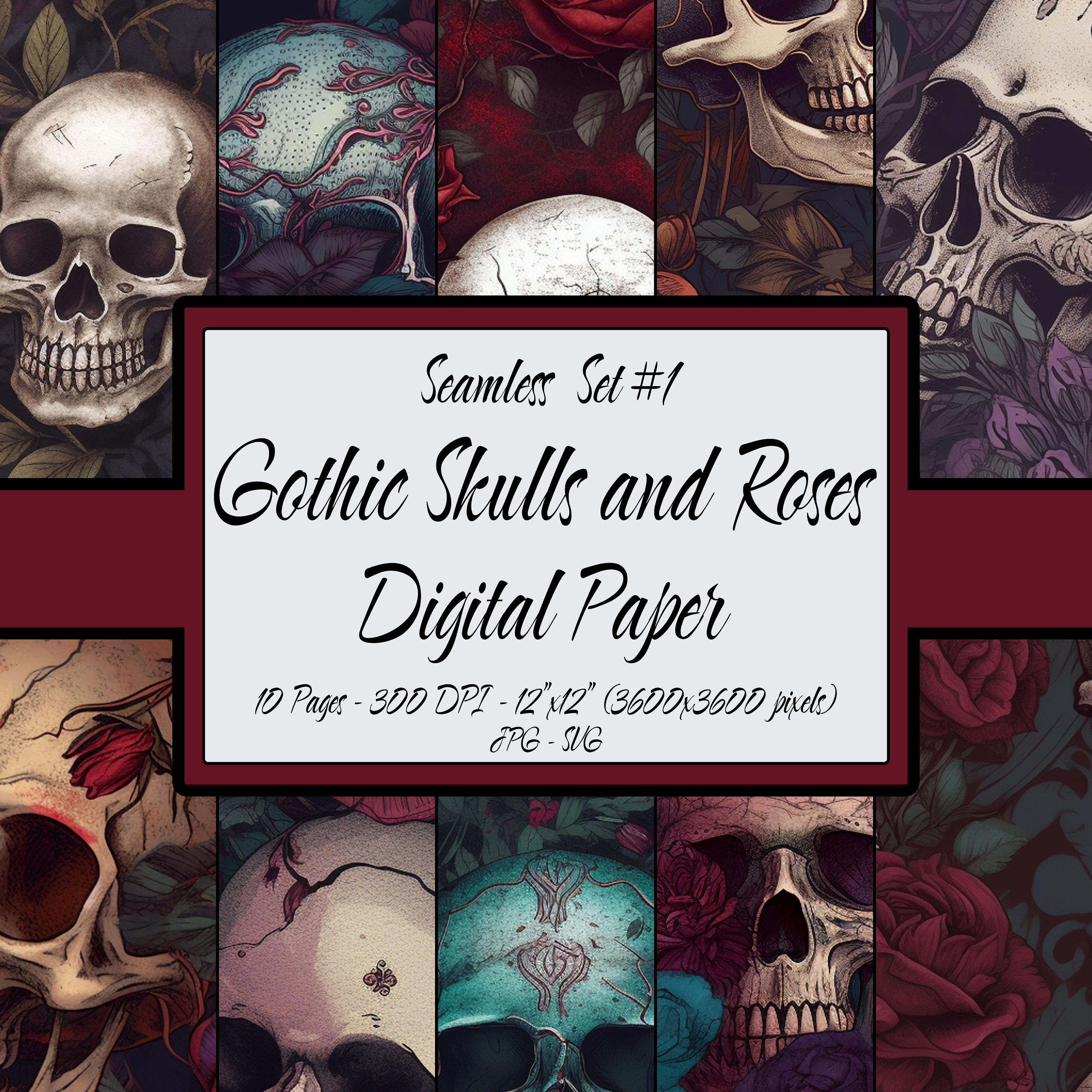 Gothic Digital Paper Seamless Pattern Pack, Gothic Skulls and Roses ...