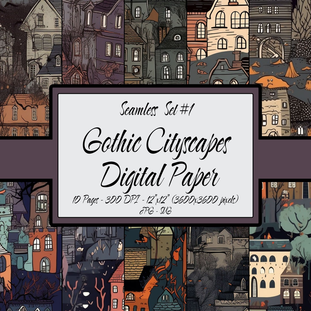 Cityscape Digital Paper Seamless, 10 Print Set Commercial Use, Gothic ...