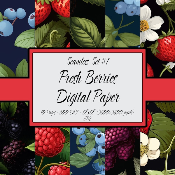 Digital Paper Seamless Pattern Bundle, Fresh Berries Set #01, 10 Print Set Commercial Use, Scrapbook Background, JPG Instant Download Files