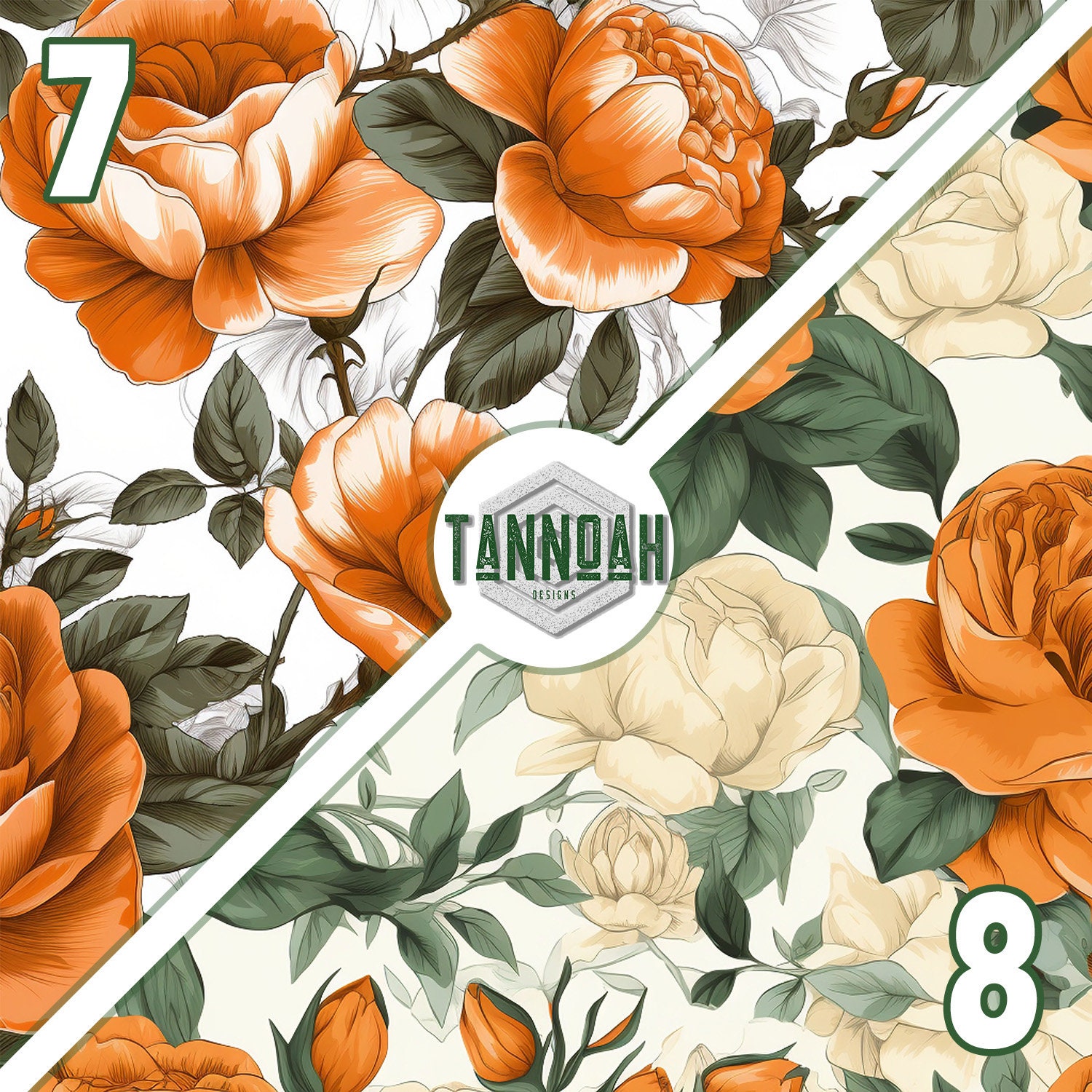 Floral Digital Paper Seamless Pattern Pack, Orange Tone Roses Flowers ...