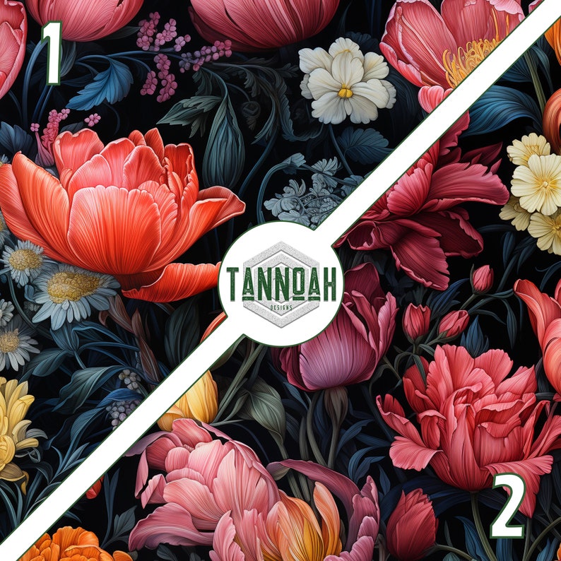 Digital Paper Seamless Pattern Pack, Colorful Floral Drawing Dark ...