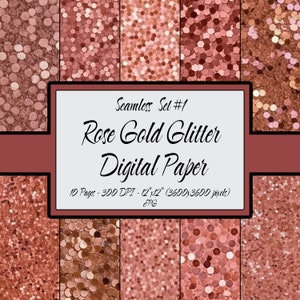May include: A set of 10 digital papers featuring seamless rose gold glitter patterns. Each paper is 12 inches by 12 inches and 300 DPI. The papers are perfect for crafting, scrapbooking, and digital design.