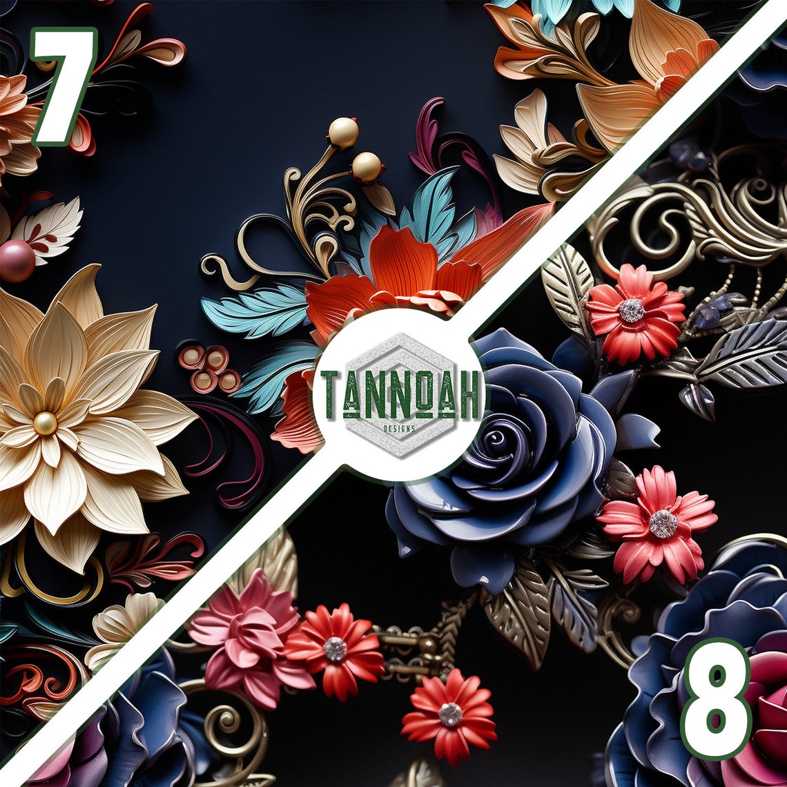 Digital Paper Seamless Pattern Pack Carved Flowers on Dark Background ...