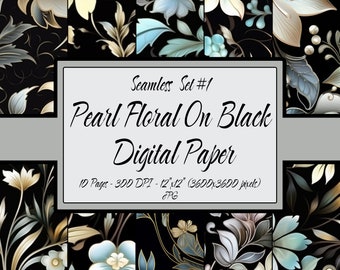 Floral Digital Paper Seamless Pattern Pack, Pearl Flowers On Black Print Bundle Set #01, Commercial Use, JPG Files