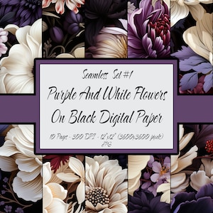 Floral Digital Paper Seamless Repeating Patterns Bundle, Commercial Use Prints, Purple And White Flowers On Black #01, Scrapbook, JPG