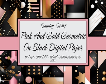 Digitales Papier nahtlose wiederholende Muster Bündel, 10 kommerzielle Nutzung Drucke, Rosa Gold Geometrisch Auf Schwarz Set #01, Scrapbook Hintergrund, JPG