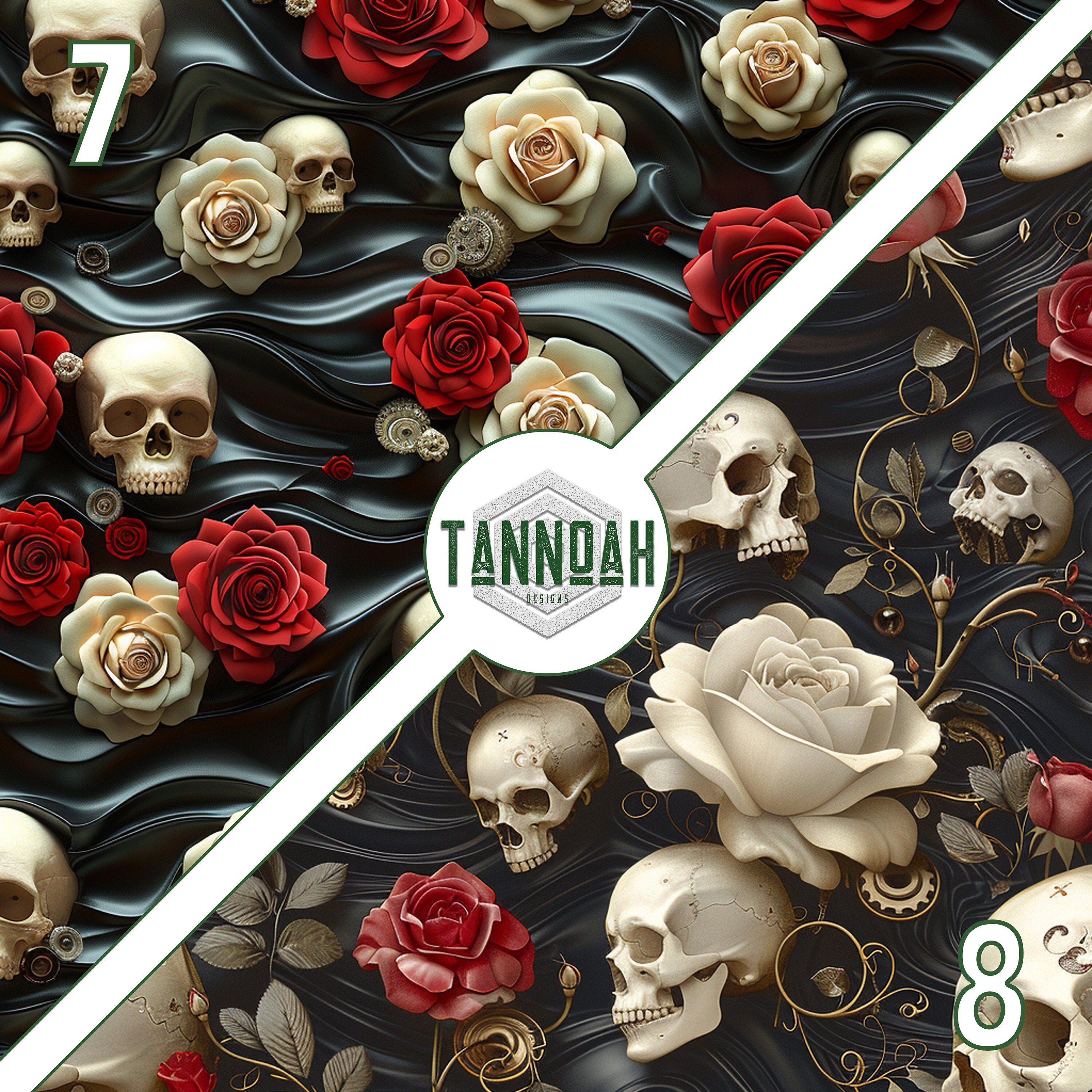 Gothic Digital Paper Seamless Pattern Pack, Roses and Skulls on Wavy ...