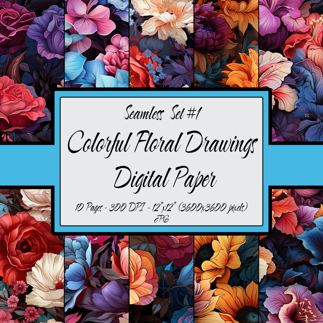 Digital Paper Seamless Pattern Pack, Colorful Floral Drawing Dark ...