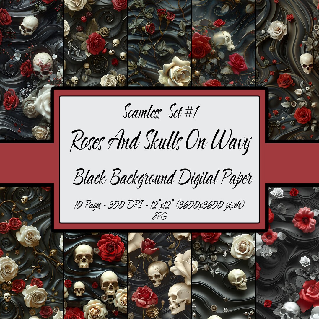 Gothic Digital Paper Seamless Pattern Pack, Roses and Skulls on Wavy ...