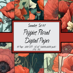 Floral Digital Paper Seamless Pattern, Poppies Flowers Bundle #01, 10 Set Commercial Use, JPG Files, SVG files, Instant Download, Poppy Art