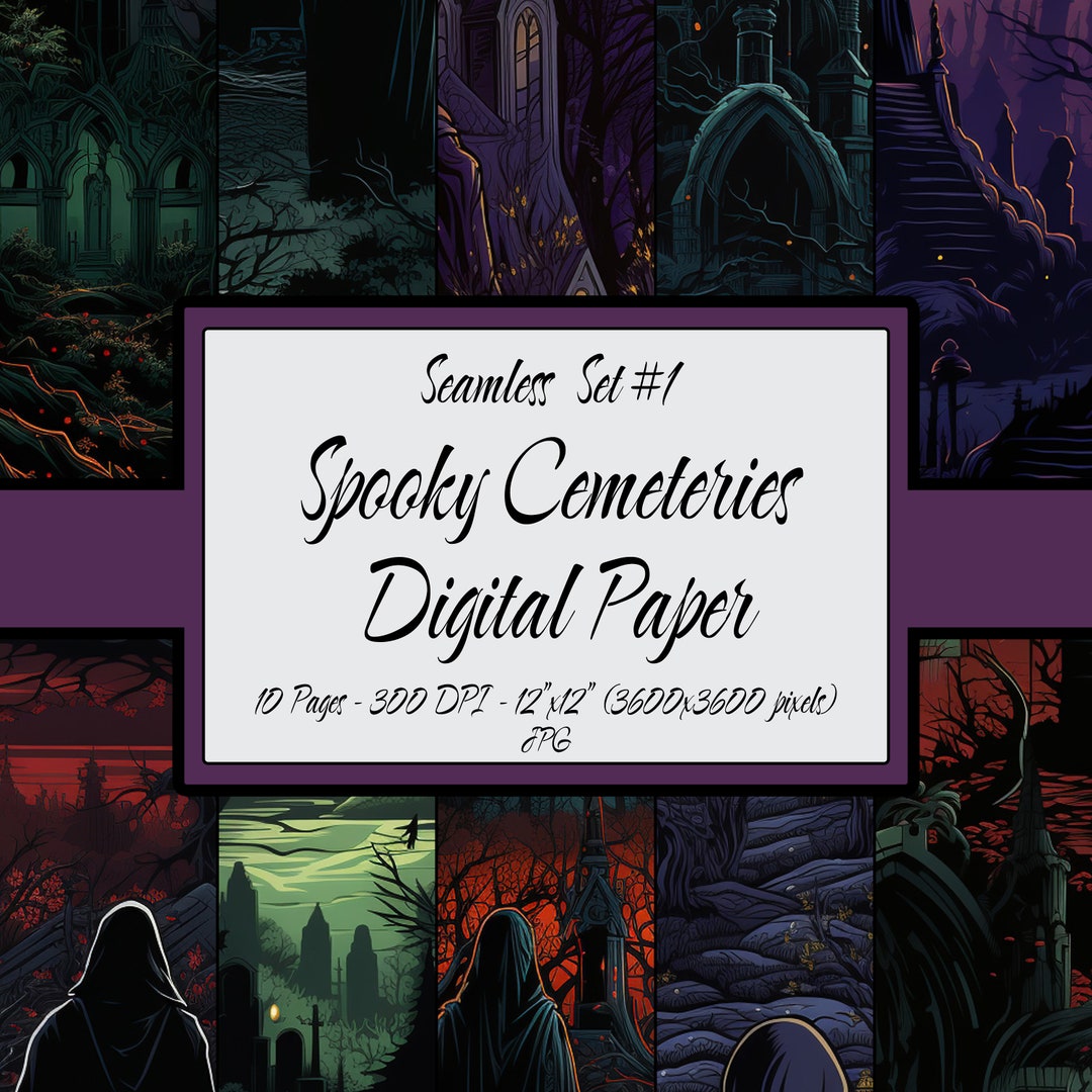 Digital Paper Seamless Patterns Bundle, Spooky Cemeteries, 10 Print Set ...