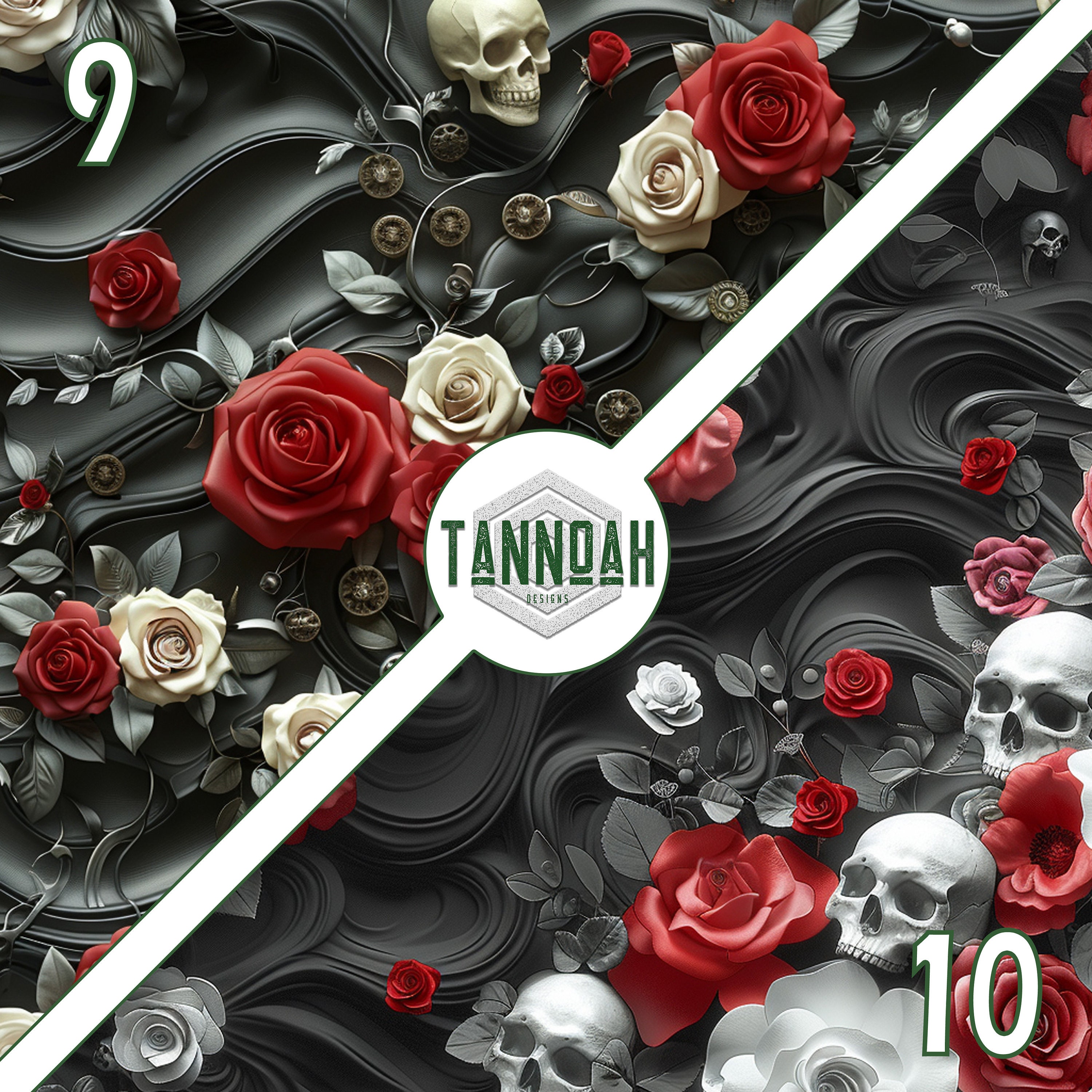 Gothic Digital Paper Seamless Pattern Pack, Roses and Skulls on Wavy ...