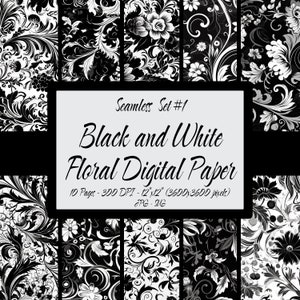 Floral Digital Paper Seamless, 10 Floral Prints Set #01 Commercial Use, Black White Flower Patterns Bundle, Scrapbook Background, JPG & SVG